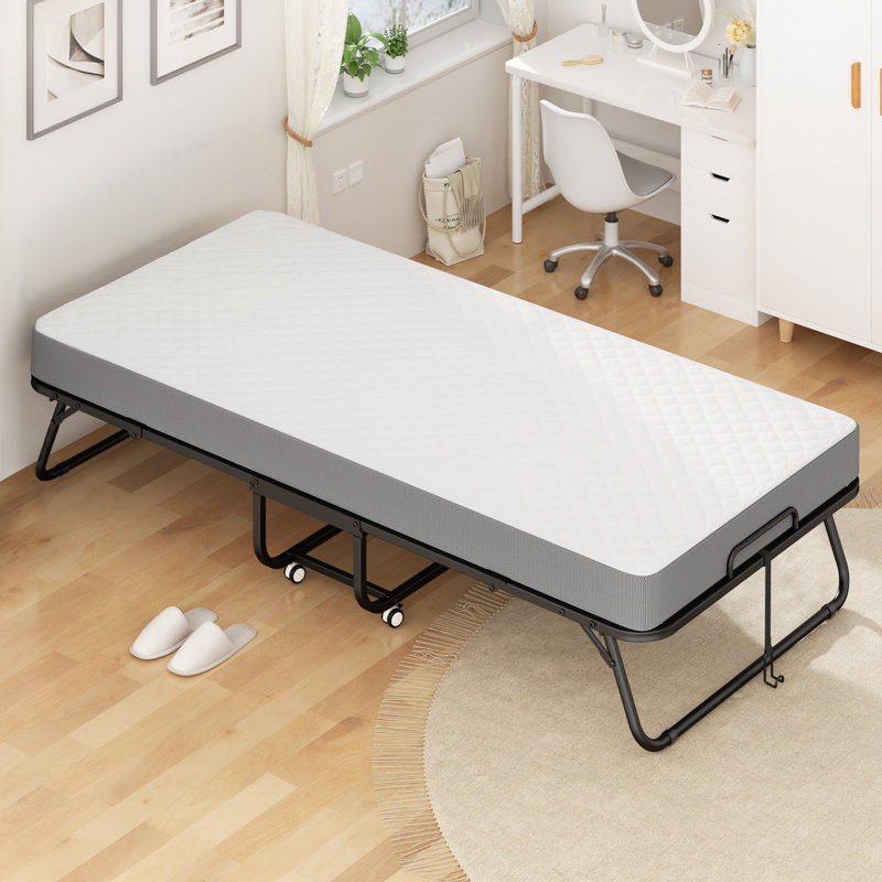 Incomplete Folding Bed with 5\" Memory Foam Mattress, Roll Away Beds with Metal Frame for Adults, Portable Foldable Bed with Wheels and Dustproof Bag