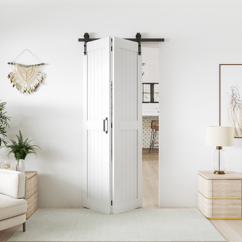 Manufactured Wood Paneled Bifold Sliding Barn Door with Installation Hardware Kit