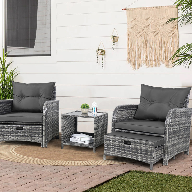 (Incomplete box 2 of 2) Antilles 2-Person Outdoor All-Weather Wicker Conversation Set with Ottomans and Coffee Table
