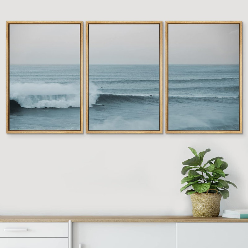 Coastal Beach Nautical Rushing Ocean Waves Surfing Modern Beachy Photos Framed Canvas 3 Pieces Print Wall Art