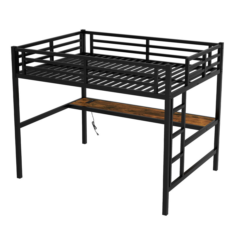 Metal Loft Bed with Power Outlet & LED Lighting - Space Saving Noise Reduced Design, Black ( incomplete only  1 box ) )) 