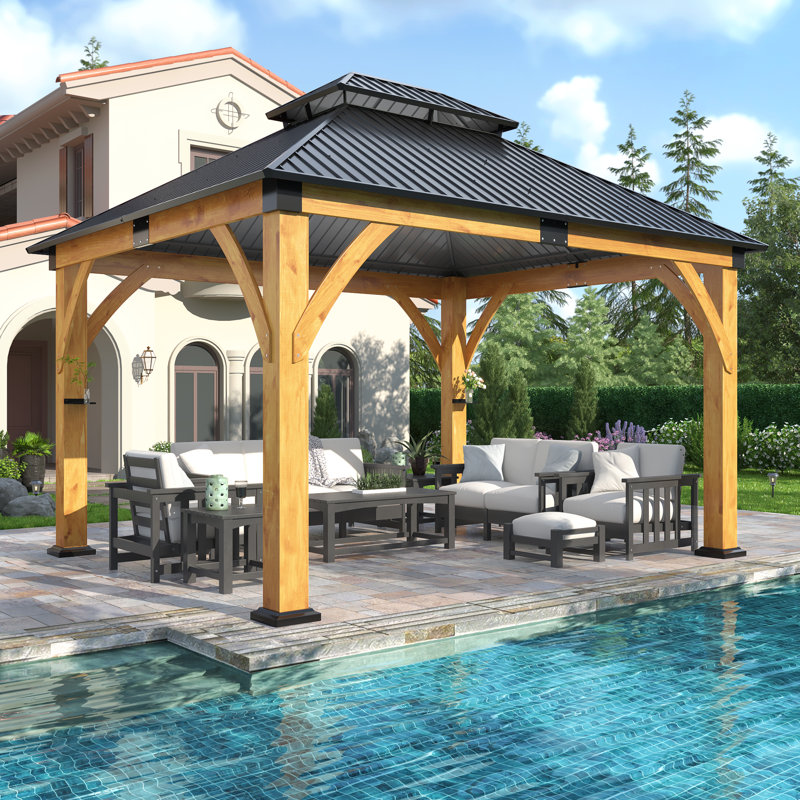 (INCOMPLETE) Outdoor Spruce Wood Gazebo with Galvanized Steel Hardtop, Permanent Wooden Frame Gazebo with Durable Structure & Double Roof INCOMPLETE 