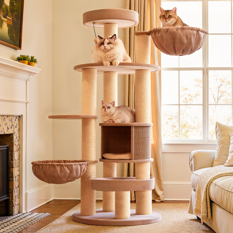 (Missing Scratch Poles and Hardware) Modern 65''H Extra Large Multi-Function Cat Tree for Big Cats&MaineCoon