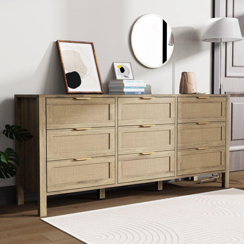 Rattan Storage Closet Dressers Chest Of Drawers, 9 Drawer Wide Dresser For Bedroom,Hallway, Living Room