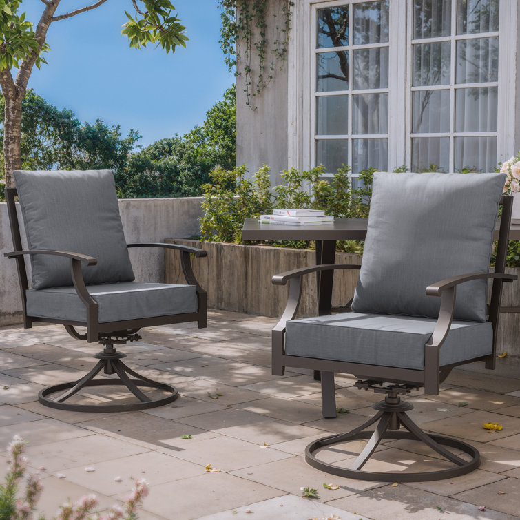 Jacenia 23.4"W Outdoor Swivel Rocking Iron Armchair with High Back and Water Resistant Cushions (Set of 2)