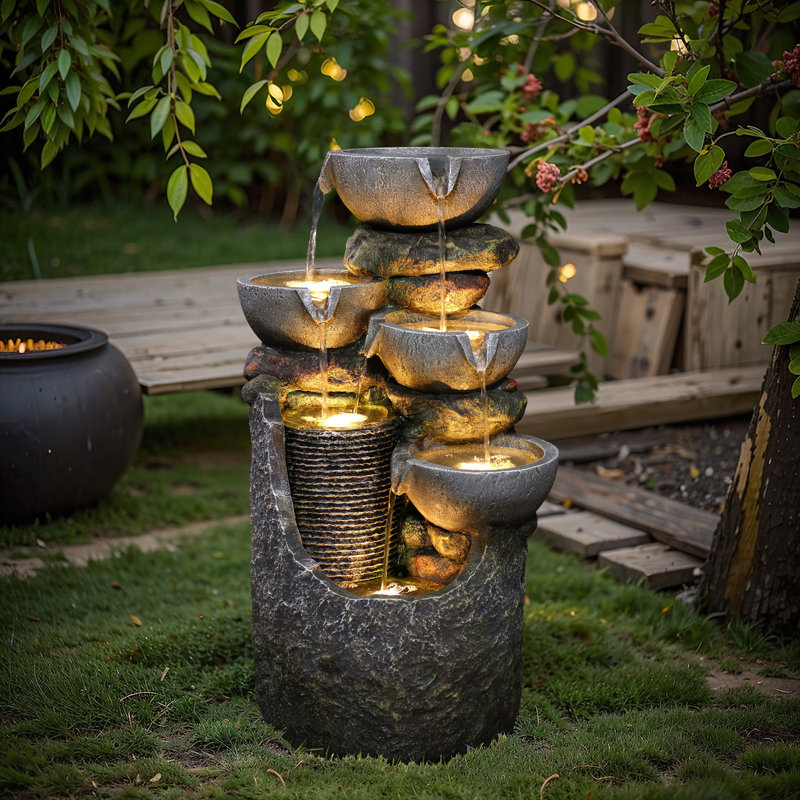 Gray 4-Bowl and 5-Tier 2.1-Feet Tall Outdoor Polyresin Fountain with Lights