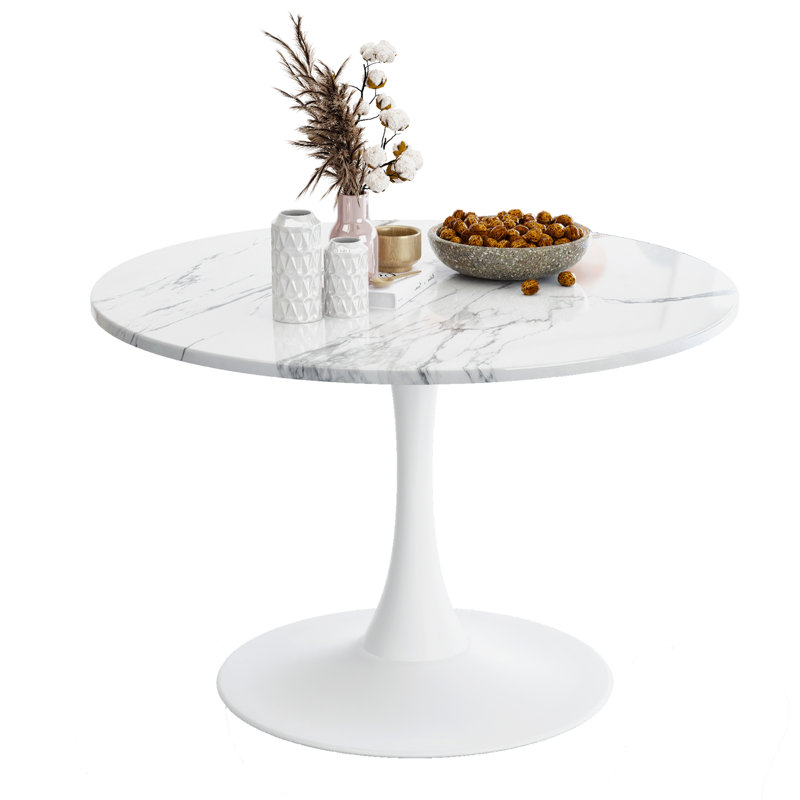 Round Pedestal Dining Table For 1-4, Wooden Tabletop With Carbon Steel Base, Mid-century Modern Dining Table For Small Spaces