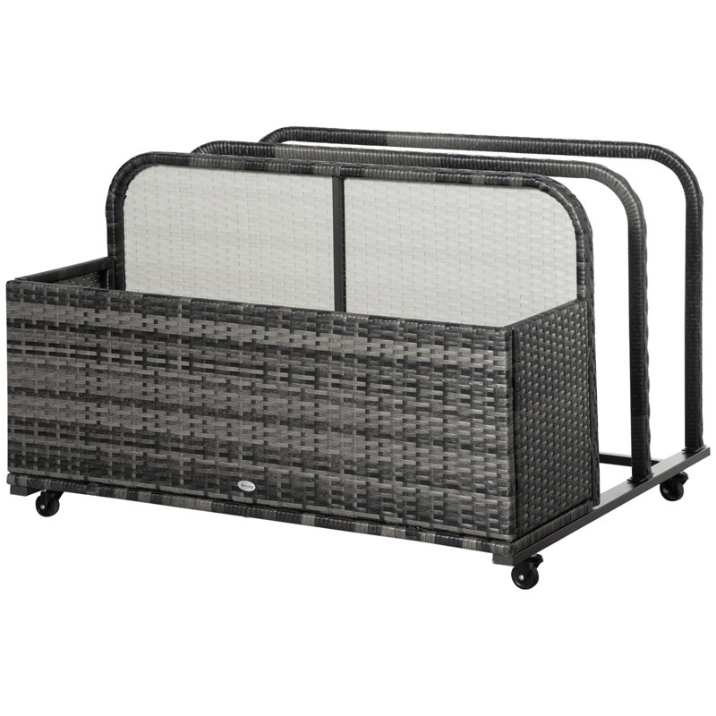Outsunny Wicker Patio Pool Float Storage Basket, PE Rattan Outdoor Pool Caddy with Rolling Wheels for Floaties, Noodles, Life Vests, Beach Balls, Toys, Mixed Gray