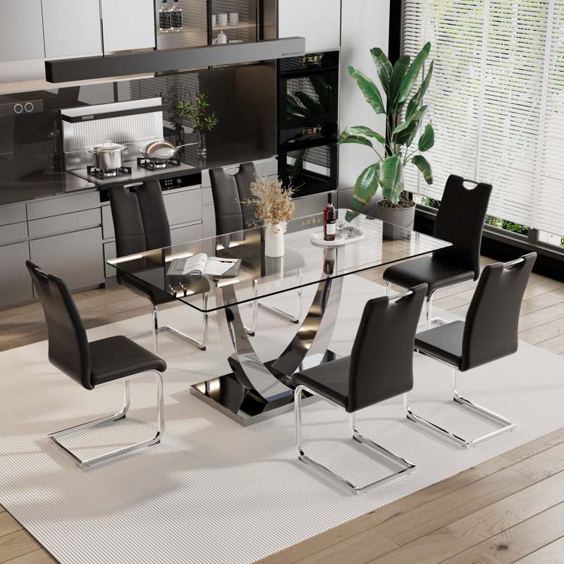 incomplete, Glass only, 7 - Piece Rectangle Glass Pedestal Dining Set