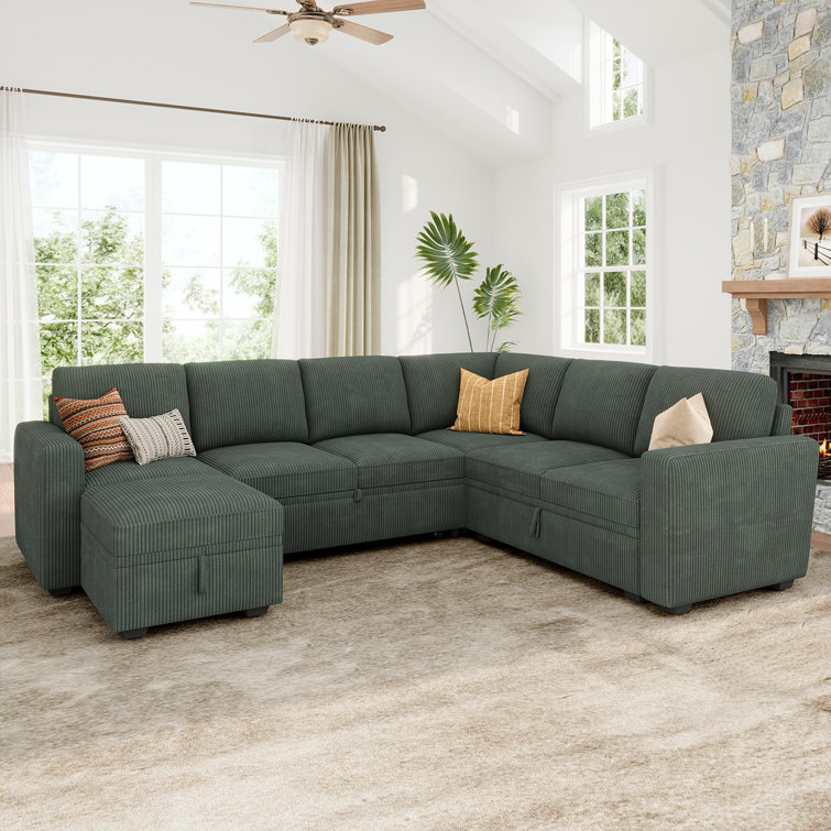 Latitude Run® Corduroy Sleeper Sectional U Shaped Modular Sofa Bed With Storage Space
