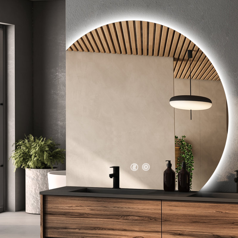 Wall Mounted Dimmable Semicircular LED Mirror Anti-Fog Backlit Lighted Bathroom Vanity Mirror