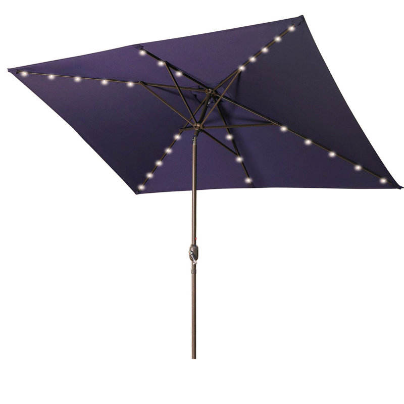 Waterproof Rectangular Patio Umbrella and Solar Lights , 26 LED lights, Push Button Tilt, Crank