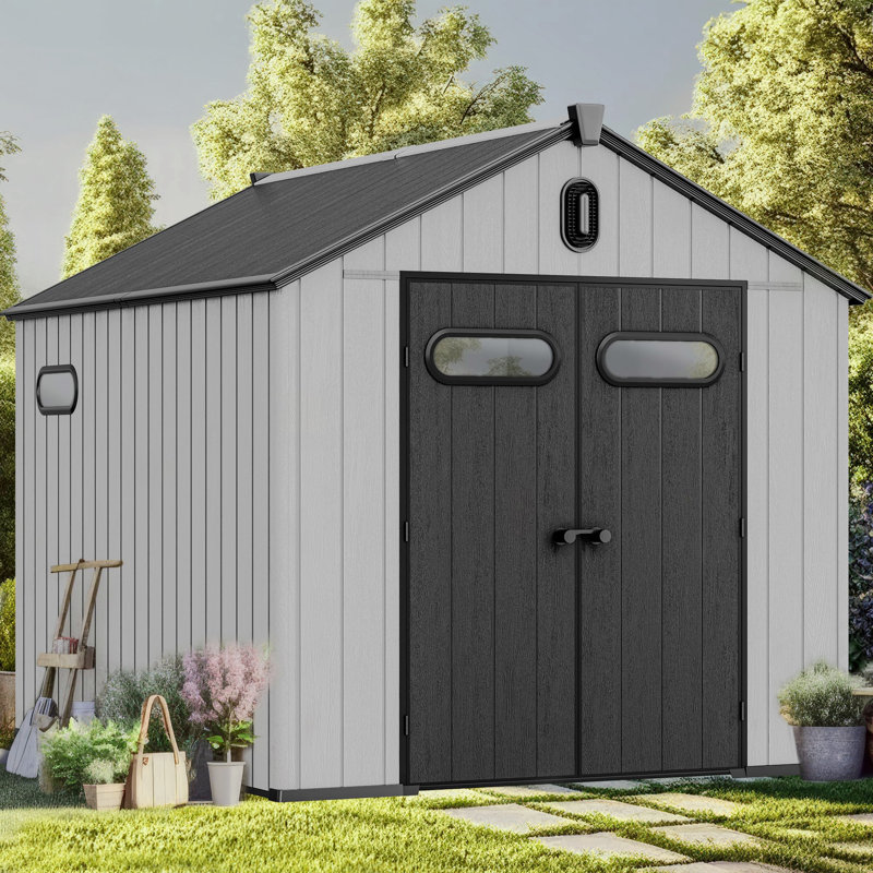 Large 8' x 10' Outdoor Resin Storage Shed, Plastic Shed w/Floor & Lockable Door, Waterproof Shed