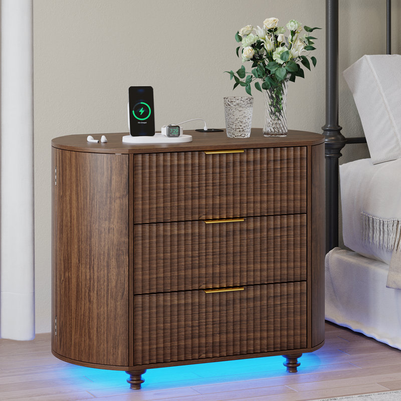 Mid Century 31.5'' W Oval Fluted Nightstand with 3 Drawers, LED Lights and USB & Type-C Port
