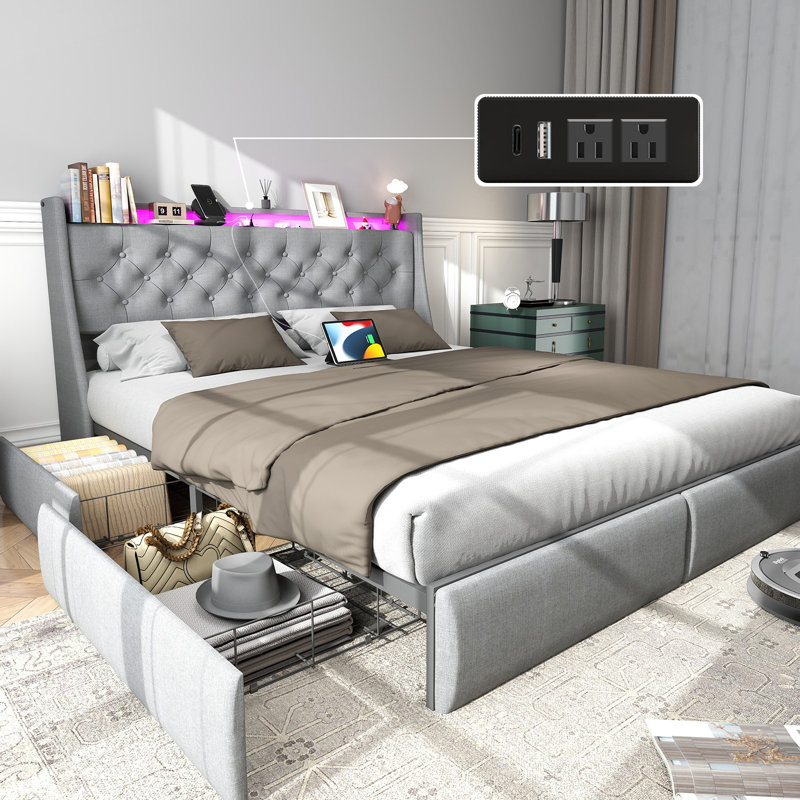 Larai Upholstered LED Bed Frame with 4 Drawers, Bed with Storage Headboard and Charging Station