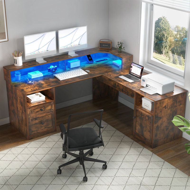59'' Lift Top L Shaped Desk with Power Outlets & LED Lights