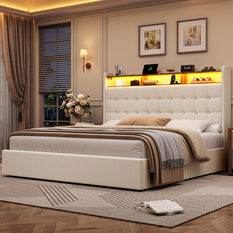 (Box 1/2) Hydraulic Lift-up Storage Bed with Anti-Slip Design, Linen Upholstered Platform Bed with LED Headboard, Charging Station & Underbed Storage (No Box Spring Needed)
