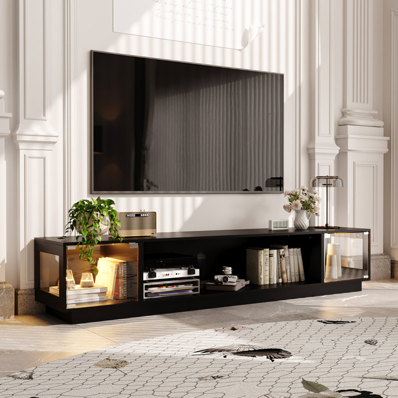 78.7'' W TV Stand Media Console With Glass Doors And Light