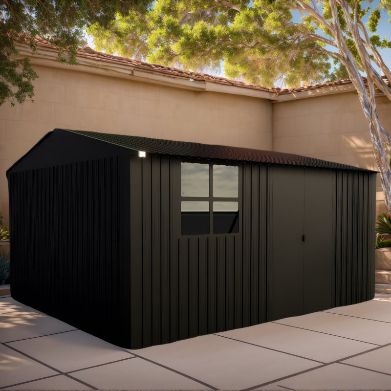 10x12ft Outdoor Metal Storage Shed with Sliding Door & Window - Black Garden Shed (Floor Not Included)