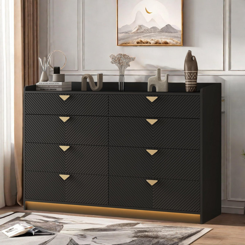 Modern Dresser With 8 Drawers, Led Light, Wavy Fluted Panels And Triangular Handles