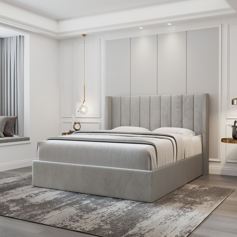 Krissandra Upholstered High Headboard Storage Bed w/Hydraulic Gas Lift, Wood Slat System & Under Bed Storage