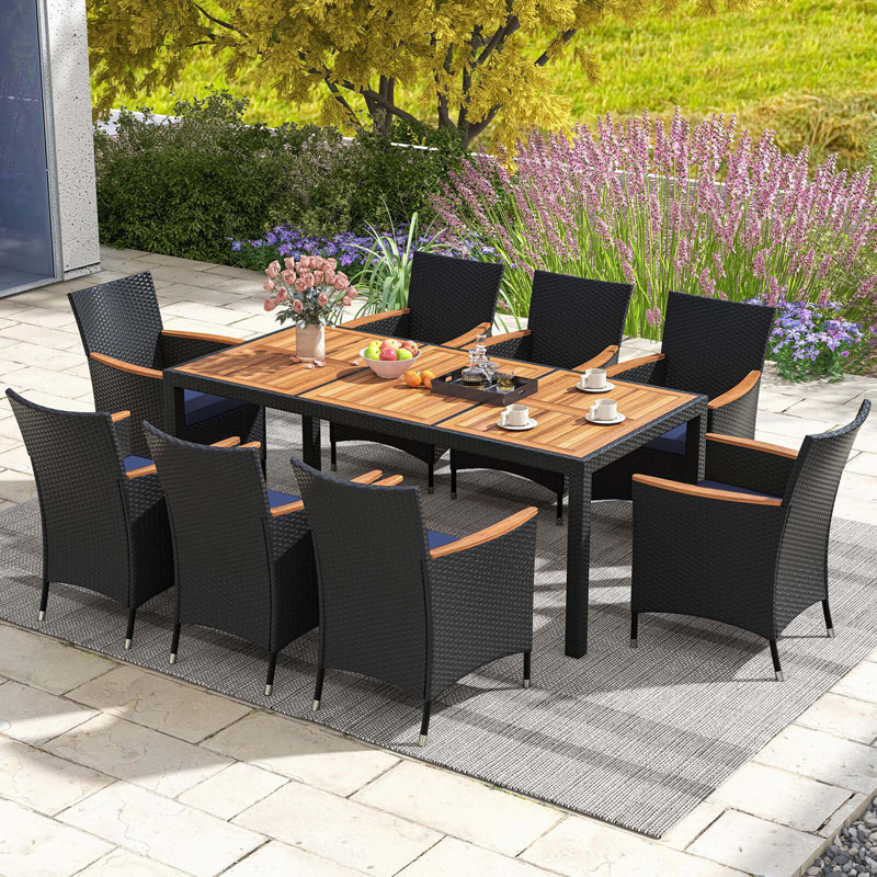 (2 Chairs Only) 9 Pcs Outdoor Dining Set With Acacia Wood Tabletop, Umbrella Hole, Seat Cushions