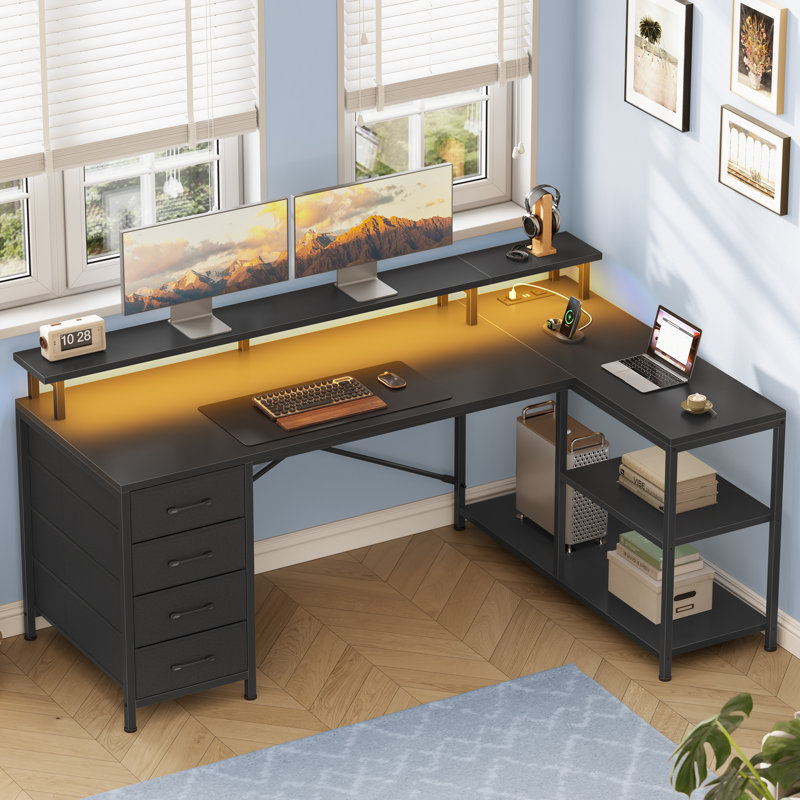 (INCOMPLETE) L Shaped Desk With 4 Drawers And Storage Shelves, L Shaped Gaming Desk With Led Lights & Power Outlets, Computer Desk With Shelves & Drawer, Corner Desk Home Office Desk