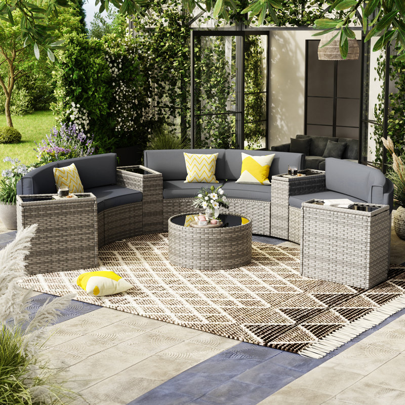 6-Person Rattan Half-Moon Patio Furniture Sets With Cushions