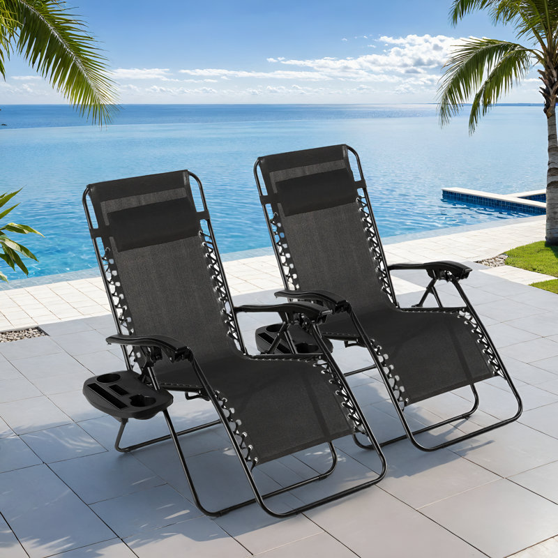 Zero Gravity Chair Set of 2, Outdoor Folding Lounge W/Detachable Headrest & Holder Tray, Adjustable Textilene Lawn Reclining, No Assembly Required, for Patio, Backyard, Garden, Poolside,