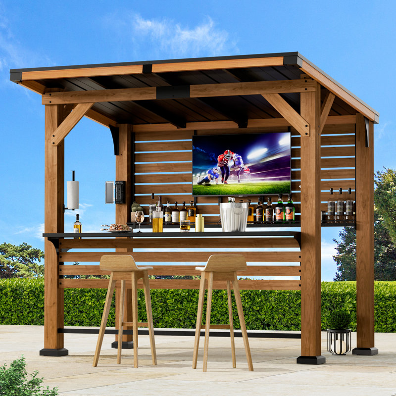 (Box 1/4)Brentwood 6‘-5‘’ X 8’ Cedar Wood Outdoor Entertainment Hardtop Bar Gazebo With Steel Roof, Recharge Socket,Bar Table Shelf And Wall Mount TV Bracket