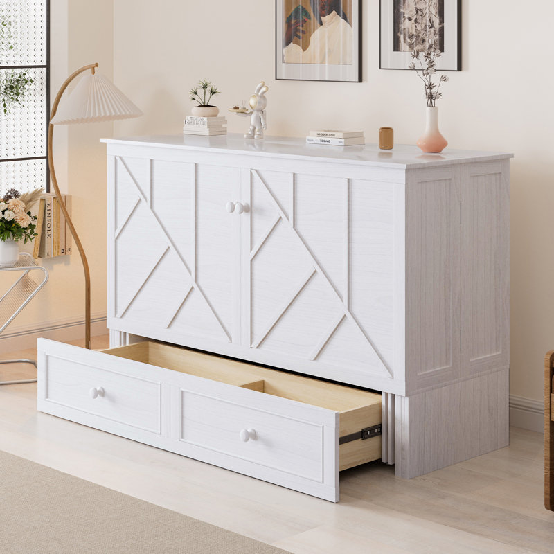 loon peak queen murphy bed cabinet with large storage drawer & charging station, foldable panel design, space-saving cube cabinet bed frame for guest room, living room, office ( mattress included)