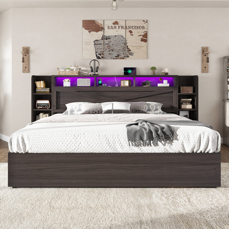 Shila 45.1\" Lift Up Storage Bed Frame with Charging Station, LED Bookcase Headboard & 2 Side Shelf INCOMPLETE 