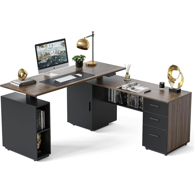 (Incomplete) 63\" L Shaped Office Executive Standing Desk with File Cabinet