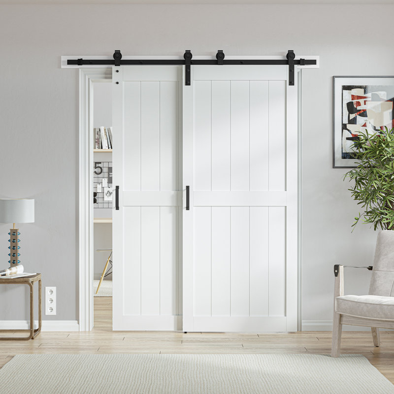 Manufactured Wood Paneled Bypass Barn Door Double Doors With Hardware Kits