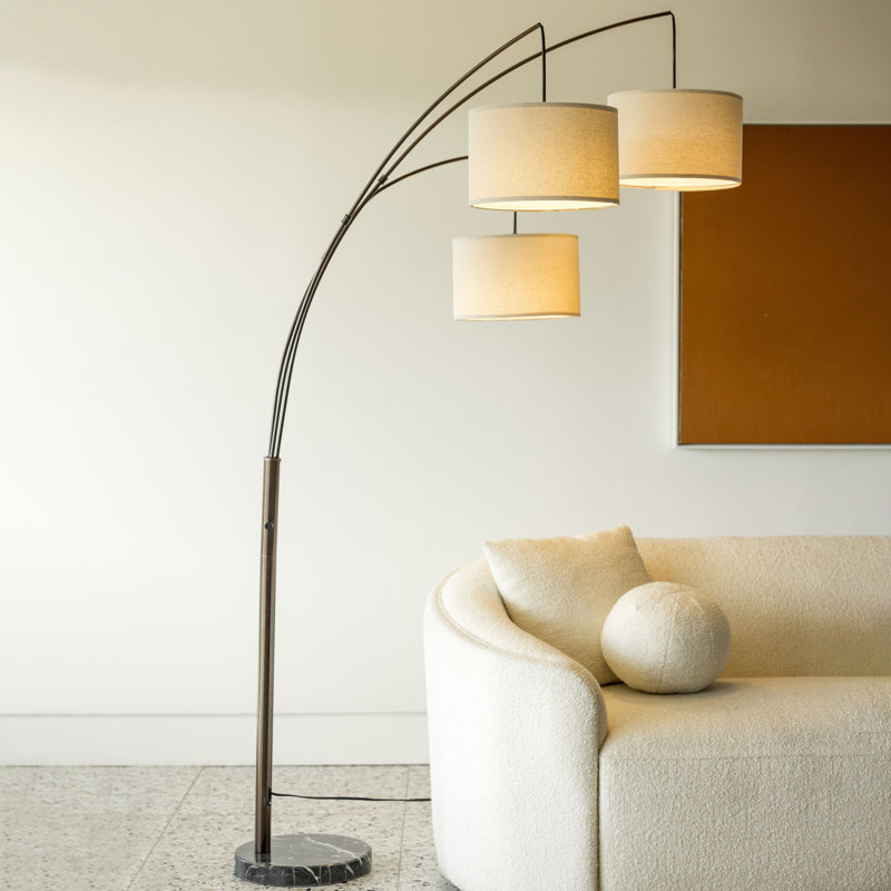 Trilage 84" Modern LED Floor Lamp with 3 Adjustable Arms, Tan Fabric Drum Shade, Bronze Finish and Black Marble Base, Bulbs Included