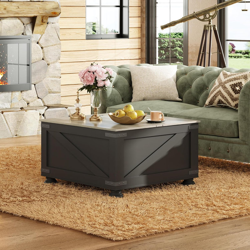 31.5" square coffee table, farmhouse wood center table with flip-top lids and large hidden storage compartment