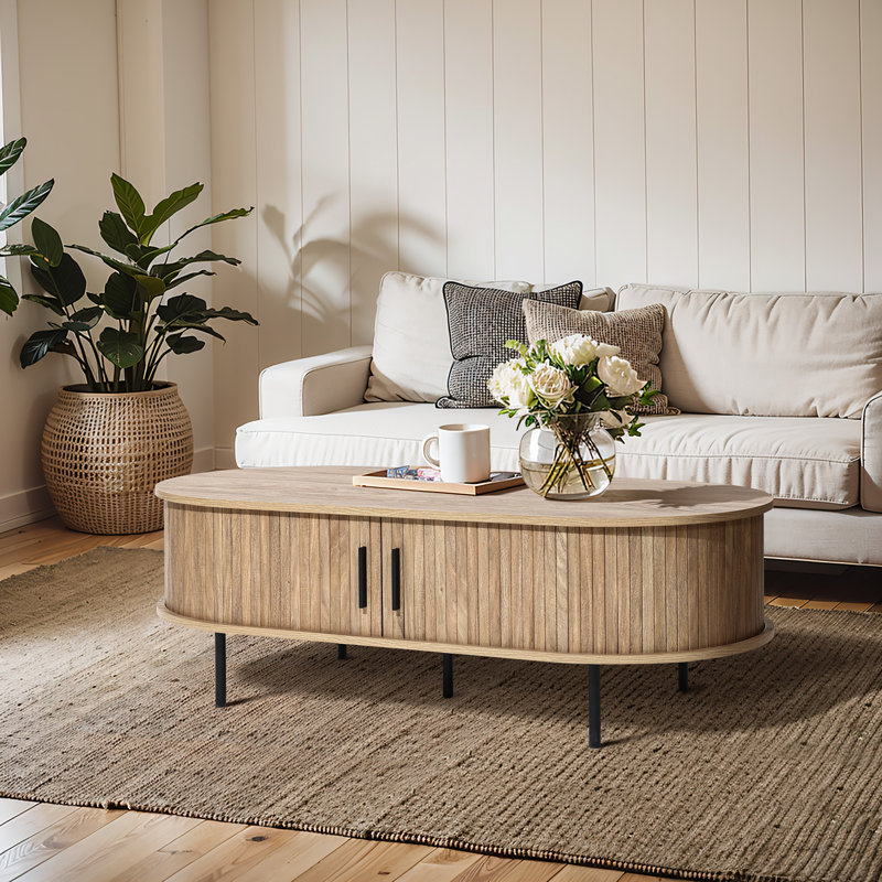 mid-century modern coffee table with storage and slatted sliding doors
