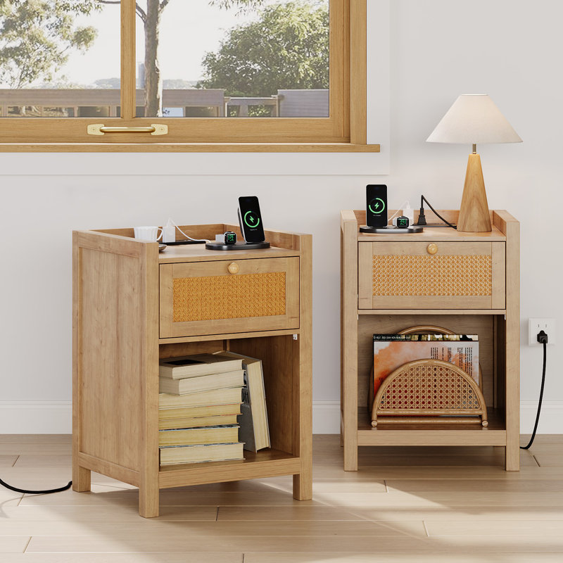 Drawer Rattan Nightstands With Built-in Charging Station Outlets (set Of 2) INCOMPLETE 
