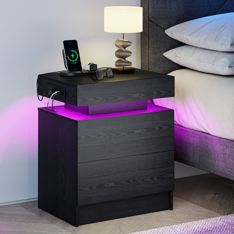 westerly modern style wooden nightstand with led light and storage drawers