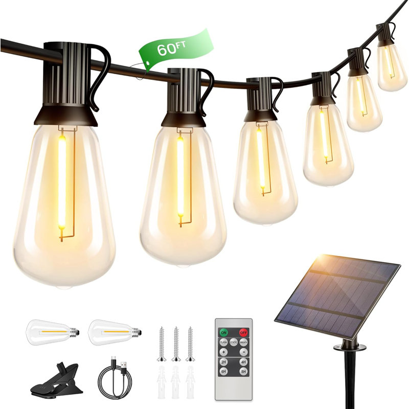 60ft solar globe string lights outdoor, shatterproof solar patio lights with remote
