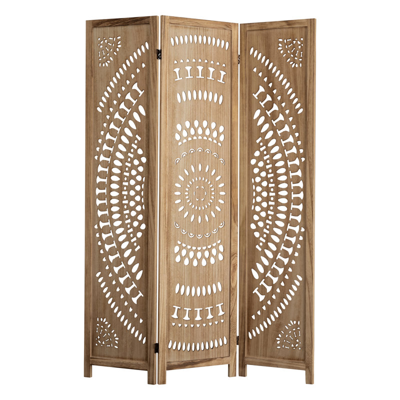 67”H Solid Wood - Panel Folding Carved Room Divider With Floral Design - Natural & Distressed Finish