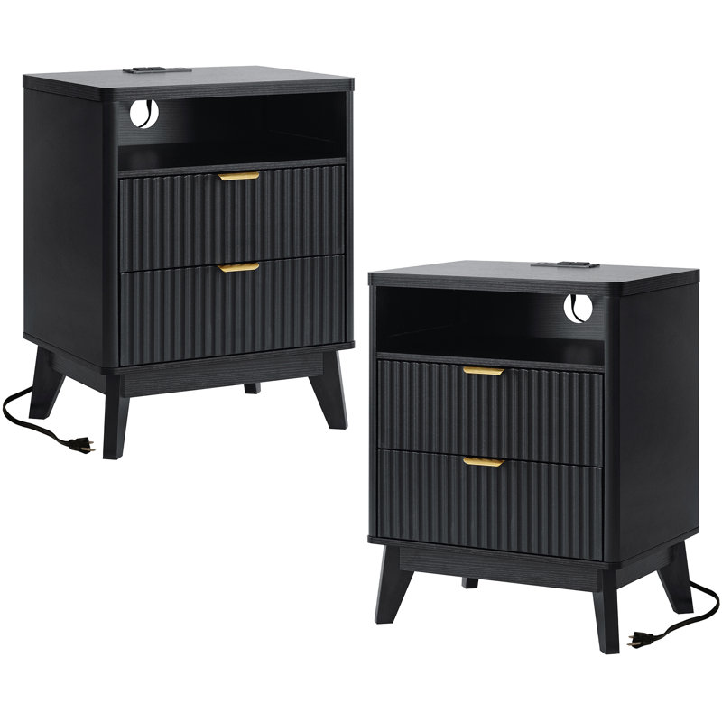Black Nightstand Nightstand with Charging Station, Modern Design, 19.69'' W X 14.96'' D