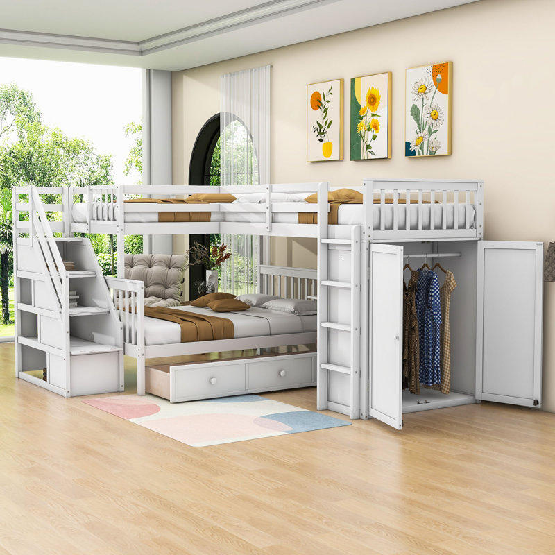(Box 1/4) Jaritsa Twin and Twin over Full Wooden L-Shaped Bunk Bed With Portable Desk and Wardrobe