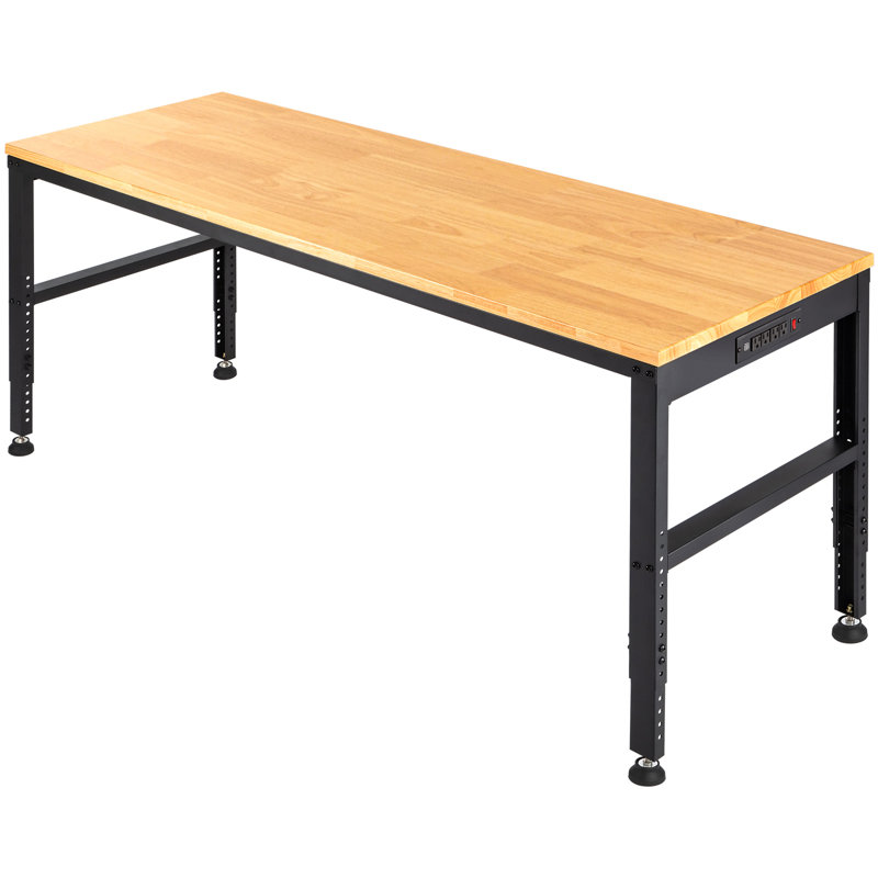 Adjustable Height Wood Workbench with Metal Frame and Power Outlets