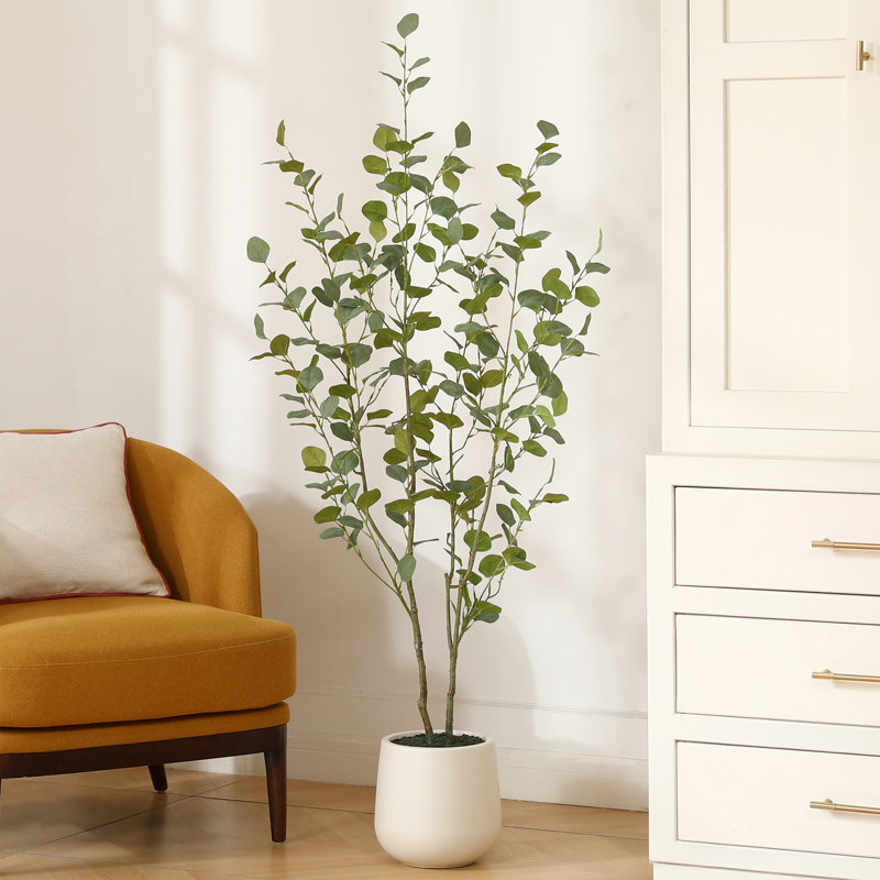 adcock faux eucalyptus tree with oval white planter, pre potted artificial eucalyptus plant for home decor