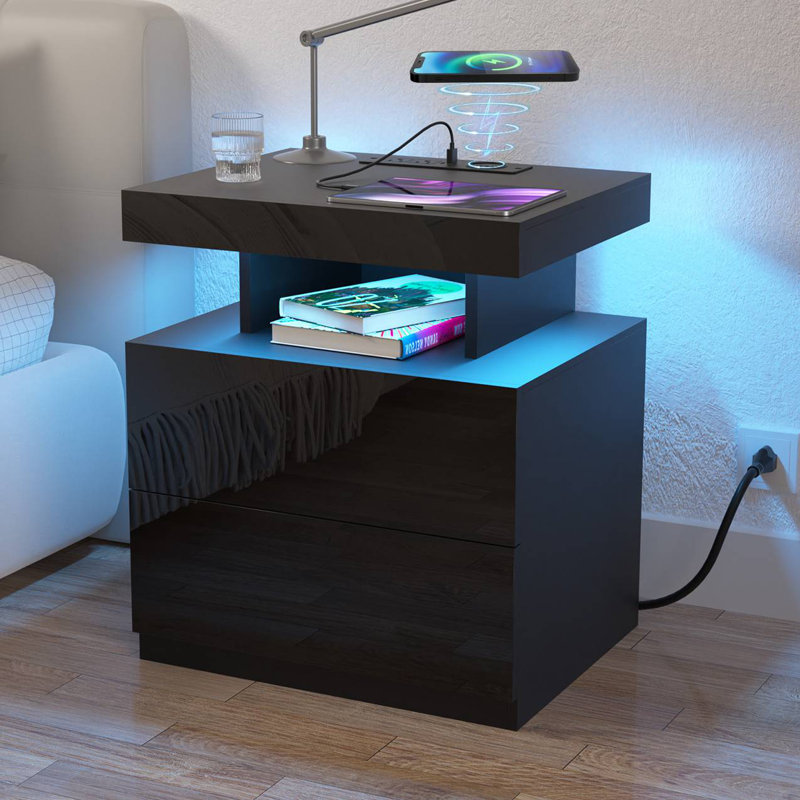 chappa manufactured wood nightstand with wireless charging station, led light and 2 drawers