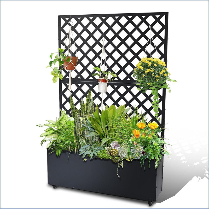 metal planter box with trellis, 70.87"x46.46"x11.81" raised garden bed with trellis & wheels, outdoor garden box with privacy screen & drainage holes for climbing plants flower vegetable