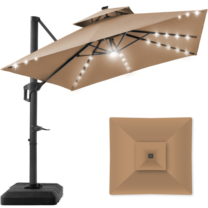 Ronessa 10x10ft 2-Tier Square Outdoor Solar LED Cantilever Patio Umbrella w/ Base Included