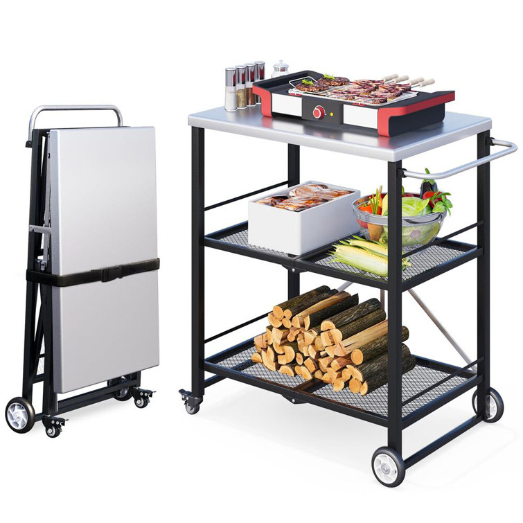 Outdoor Grill Cart Table, Stainless Steel Pizza Oven Stand Trolley Table With Wheels