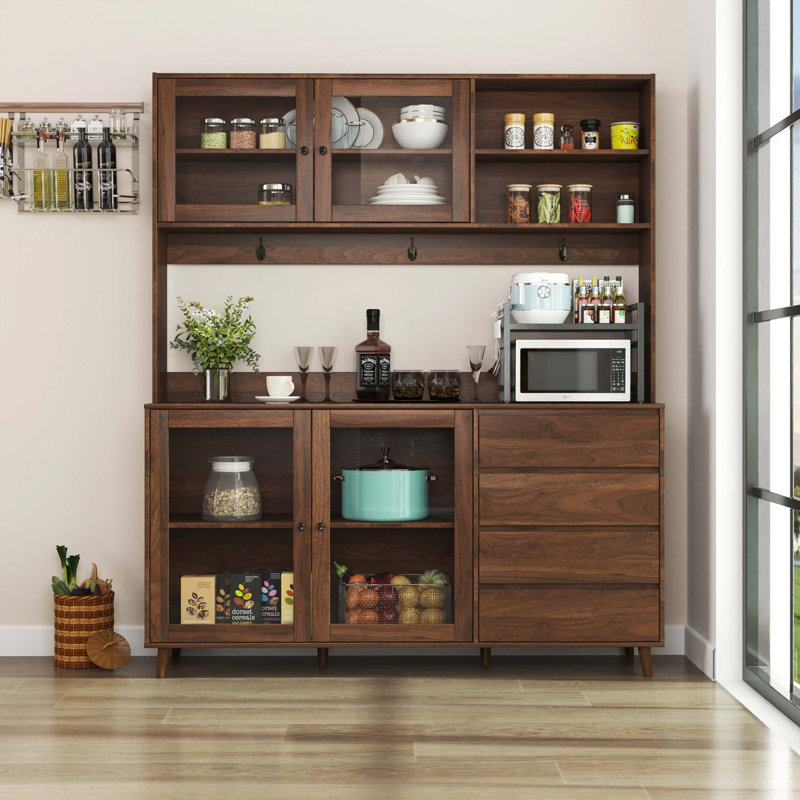 Kitchen Hutch Cabinet, Freestanding Pantry Cabinets, Storage Cupboard With 4 Doors, 4 Drawers And Microwave Shelf
